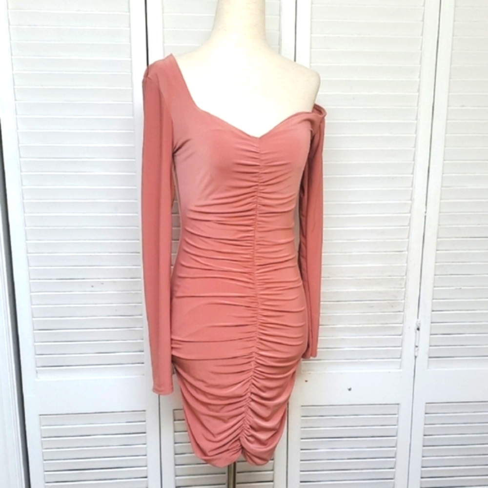 NWT Missguided+ Pink Asymmetrical Ruched Bodycon Dress Size 12